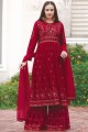 Embroidered Faux georgette Eid Sharara Suit in Red with Dupatta