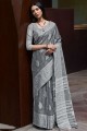 Grey South Indian Saree in Thread,weaving Linen