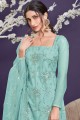 Net Eid Sharara Suit with Embroidered in Aqua blue