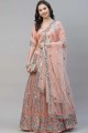 Embroidered Party Lehenga Suit in Peach Net