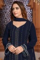 Embroidered Faux georgette Sharara Suit in Dark blue