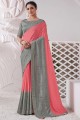 Silk and viscose South Indian Saree in Peach with Embroidered