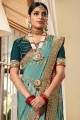 Crepe and silk Saree in Teal blue with Lace