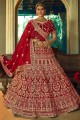 Wedding Lehenga Choli in Maroon Velvet with Embroidered