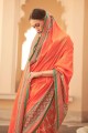 Orange Zari,weaving,digital print Patola silk South Indian Saree
