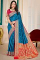 Dark teal blue Weaving Saree in Art silk