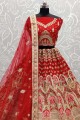 Red Wedding Lehenga Choli in Thread,Dori,Patch Embroidery,Diamond Work Silk Slub