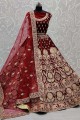 Wedding Lehenga Choli in Maroon Velvet with Dori,Jari Embroidery,Diamond Work