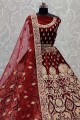 Wedding Lehenga Choli in Maroon Velvet with Dori,Jari Embroidery,Diamond Work