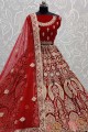 Thread,Dori,Hand Mirror Embroidery,Diamond Work Velvet Wedding Lehenga Choli in Red with Soft Net Dupatta