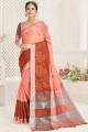 Peach saree in Wevon Designer,Embroidery Work Linen