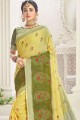 Yellow Linen saree with Wevon Designer,Embroidery Work