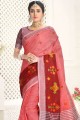 Linen saree in Pink with Wevon Designer,Embroidery Work