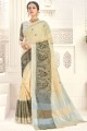 Beige Wevon Designer,Embroidery Work saree in Linen