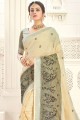 Beige Wevon Designer,Embroidery Work saree in Linen