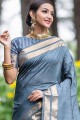 Grey Kashmir Cotton Silk saree with Wevon Self Designer