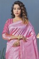 saree in Pink Lichi Silk with Heavy Wevon Designer