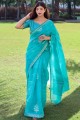Turquoise saree with Heavy Wevon Jari Designer Work Linen Silk
