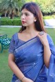 Heavy Wevon Jari Designer Work Linen Silk Blue saree Blouse