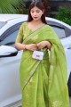 Green Heavy Wevon Jari Designer Work Linen Silk saree
