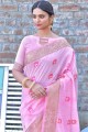 Pink Handloom Linen saree with Heavy Wevon Meenakari Designer Work