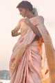 Wevon Rich Jari Designer saree in Peach Soft Tissue Linen