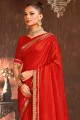 saree in Red Vichitra Silk with Sarovski Butta Designer