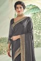 Grey Vichitra Silk Sarovski Butta Designer saree with Blouse