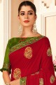 P.C.Vichitra Silk Heavy Butta Embroidery,Stone Work Red saree with Blouse