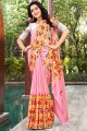 Chinon Pink saree in Designer Printed,Mirror Work