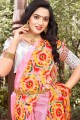 Chinon Pink saree in Designer Printed,Mirror Work
