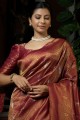 Red South Indian Saree in Raw silk with Weaving
