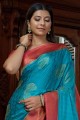 Weaving Satin and silk South Indian Saree in Blue with Blouse