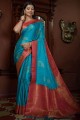 Weaving Satin and silk South Indian Saree in Blue with Blouse