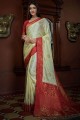 Off white Satin and silk South Indian Saree with Weaving
