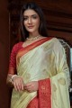 Off white Satin and silk South Indian Saree with Weaving
