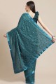 Teal blue Embroidered Saree in Silk