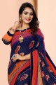 Printed,lace Georgette Blue Saree with Blouse