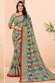 Georgette Printed,lace Green Saree with Blouse