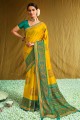 Yellow Printed Brasso South Indian Saree