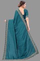 Embroidered,lace border,stone with moti Saree in Teal blue Silk