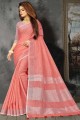 Linen Saree in Peach with Lace border