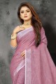 Saree in Purple Linen with Lace border