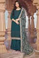 Teal blue Eid Palazzo Suit in Embroidered Georgette