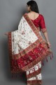 Embroidered,stone with moti Satin and silk White Saree with Blouse