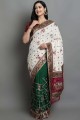 Embroidered,stone with moti Satin and silk Saree in White