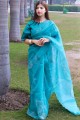 Silk and organza Saree with Printed in Turquoise