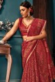 Red Cotton Saree with Printed,weaving