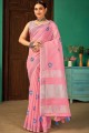 Pink Linen Saree with Embroidered