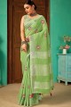 Embroidered Linen Saree in Green
